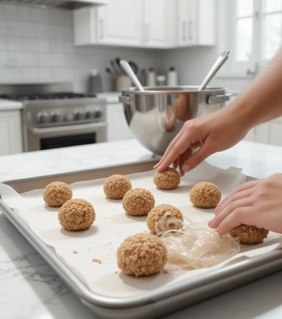 Ginger Chicken Meatballs Hands rolling Ginger Chicken Meatballs on a parchment-lined baking sheet in a modern kitchen.