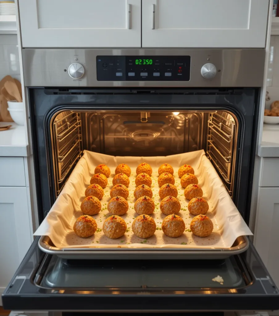 Ginger Chicken Meatballs Ginger Chicken Meatballs baking on a sheet in an oven, golden-brown, in a modern kitchen.