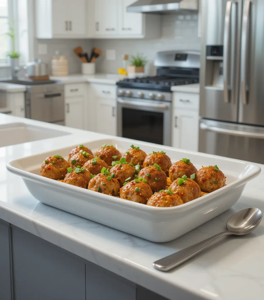 Ginger Chicken Meatballs A plate of Ginger Chicken Meatballs with green onions on a white countertop in a modern kitchen.