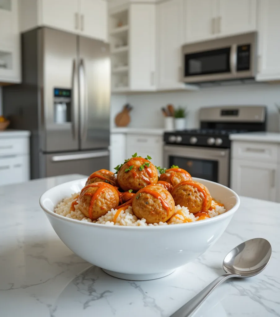 Ginger Chicken Meatballs Ginger Chicken Meatballs on jasmine rice with sriracha on a white countertop in a modern kitchen.