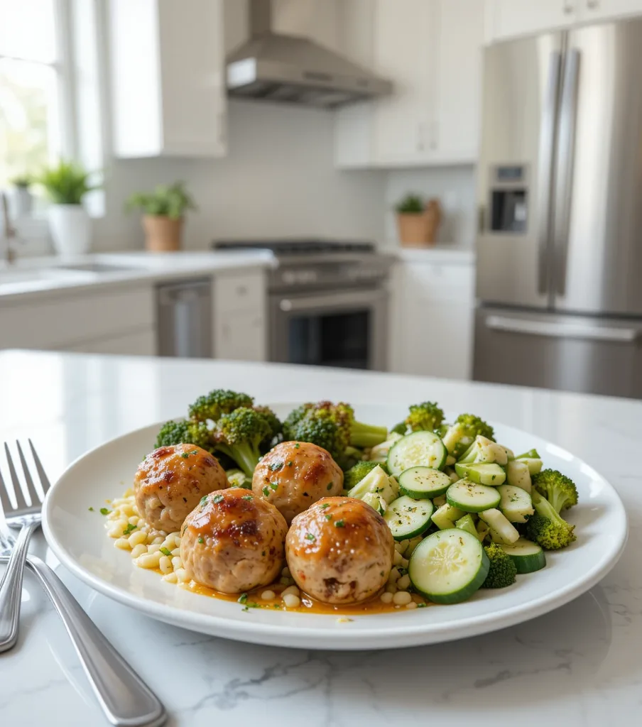 Ginger Chicken Meatballs Ginger Chicken Meatballs with roasted broccoli and cucumber salad on a white countertop.
