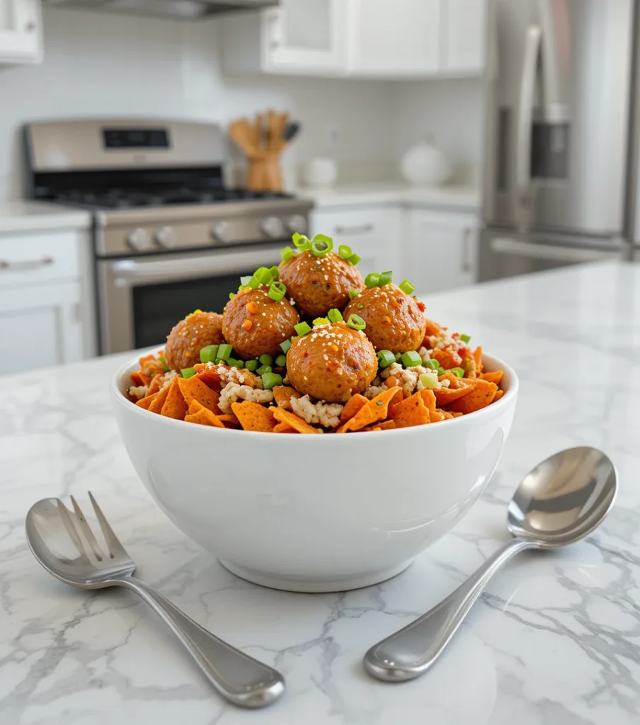 Ginger Chicken Meatballs Ginger Chicken Meatballs on sweet potato nachos in a bowl on a white countertop.