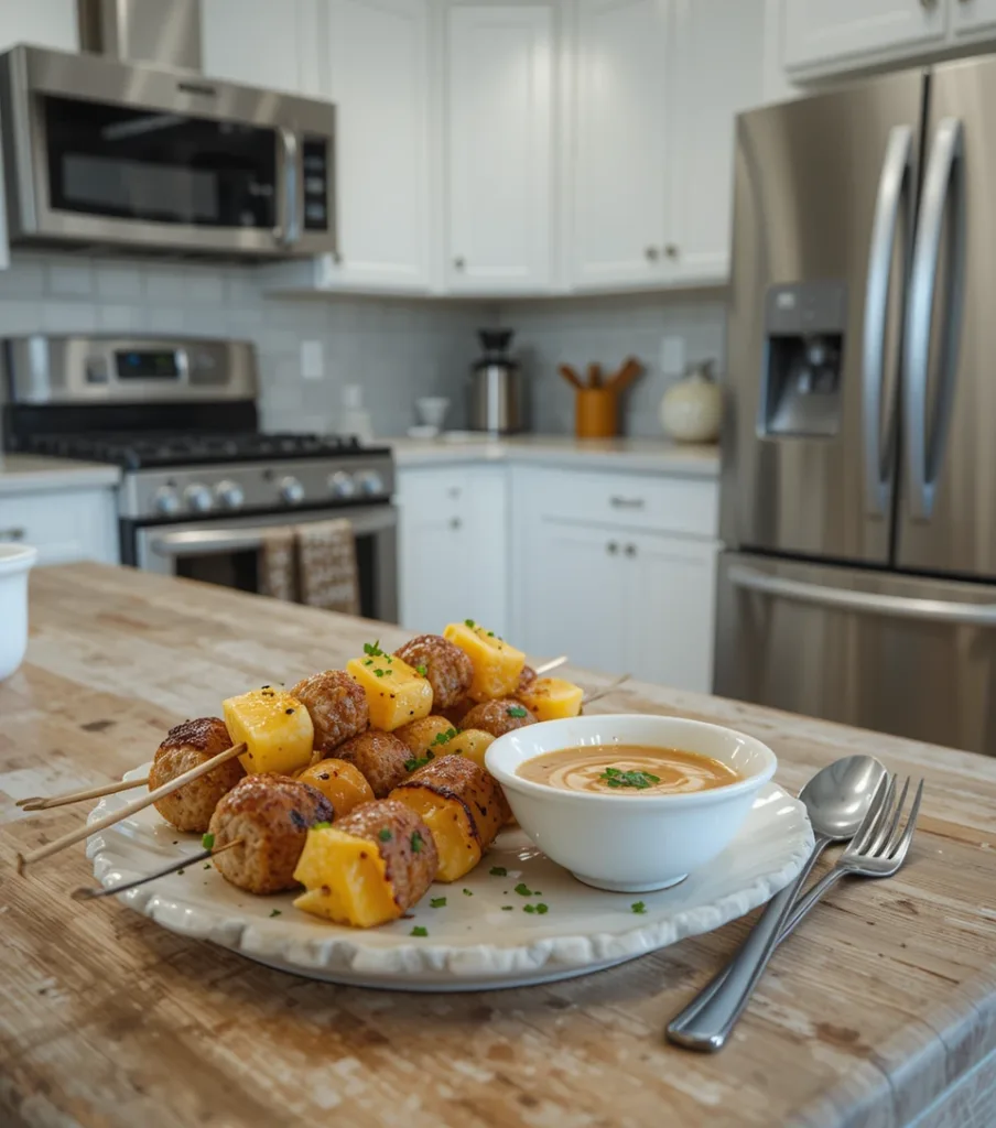 Ginger Chicken Meatballs Skewered Ginger Chicken Meatballs with pineapple and soy-ginger dip on a white countertop.