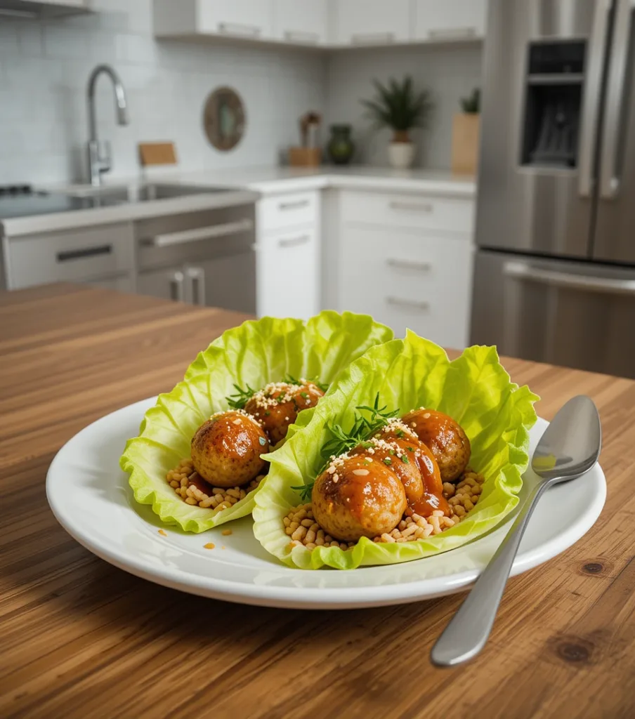 Ginger Chicken Meatballs Ginger Chicken Meatballs in lettuce wraps with hoisin sauce on a white countertop.