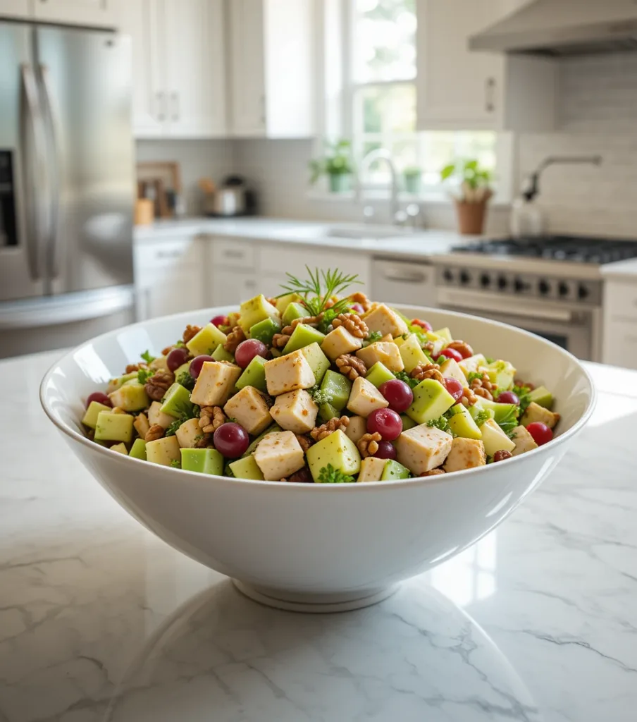 7 Delicious Avocado Chicken Waldorf Salad Fresh Avocado Chicken Waldorf Salad in a white bowl featuring diced chicken, avocado, apples, celery, grapes