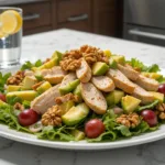 7 Delicious Avocado Chicken Waldorf Salad Avocado Chicken Waldorf Salad served on mixed greens in a white plate featuring chicken, avocado, apples, celery, grapes, and walnuts.