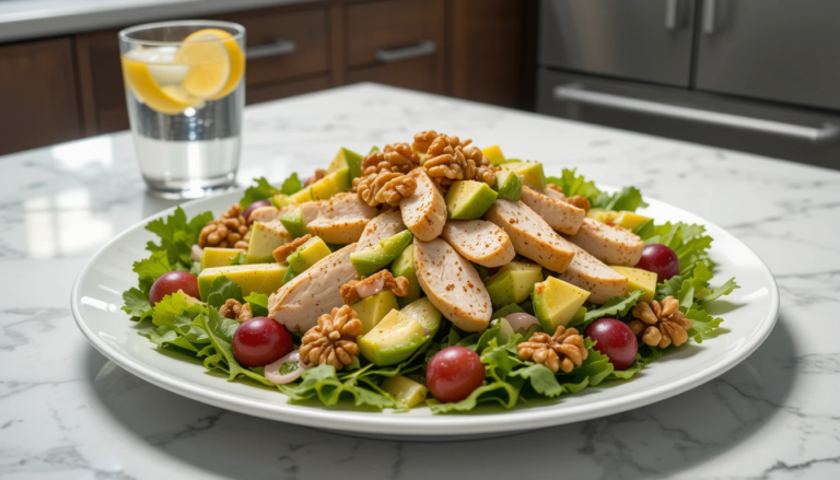 Avocado Chicken Waldorf Salad served on mixed greens in a white plate featuring chicken, avocado, apples, celery, grapes, and walnuts.