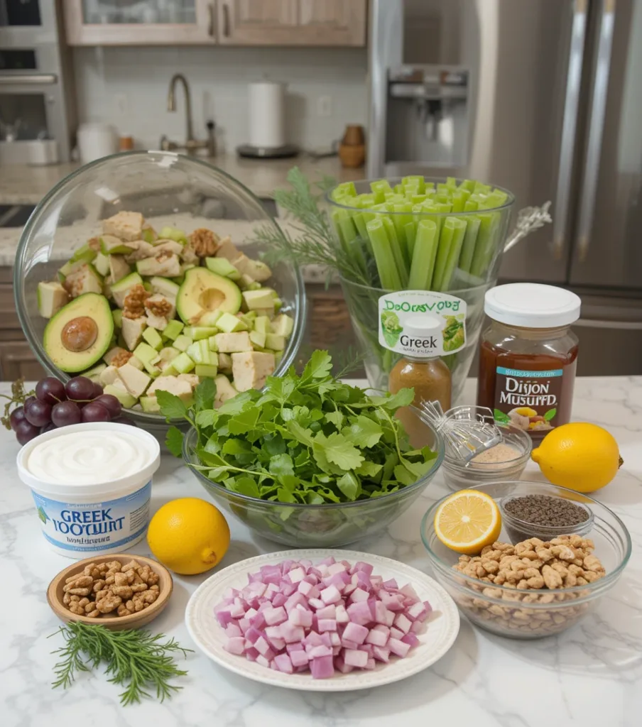 7 Delicious Avocado Chicken Waldorf Salad Neatly arranged ingredients for Avocado Chicken Waldorf Salad including chicken, avocados, apple, celery, grapes, walnuts, and dressing components.