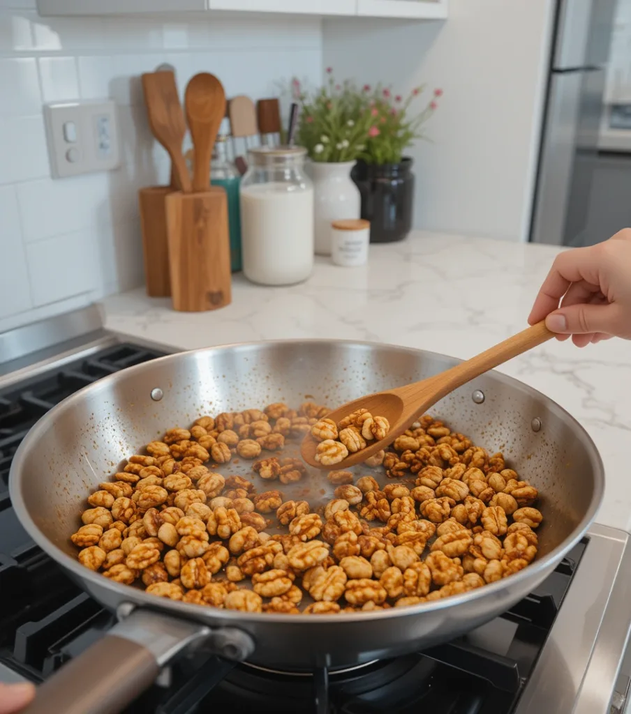 7 Delicious Avocado Chicken Waldorf Salad Walnuts being toasted in a stainless steel skillet with a wooden spoon on a modern stove
