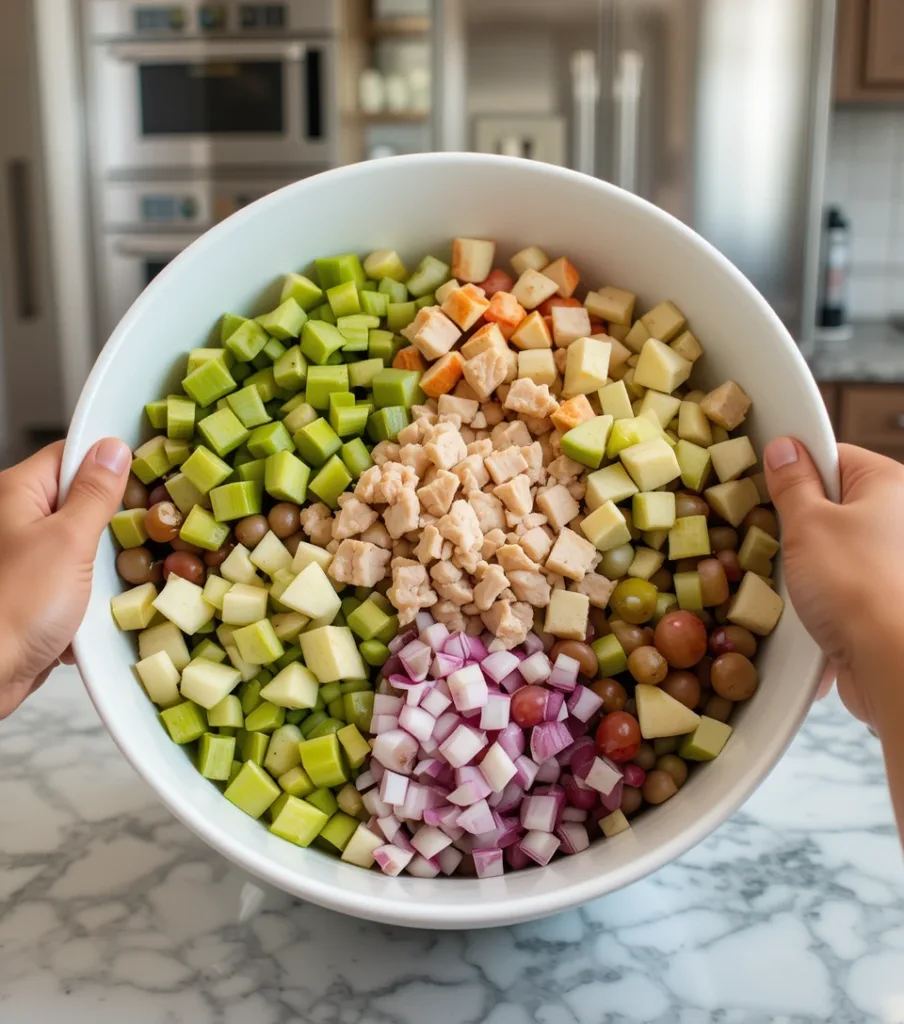7 Delicious Avocado Chicken Waldorf Salad Large white bowl with unmixed diced chicken, avocado, apple, celery, grapes, and red onion ingredients