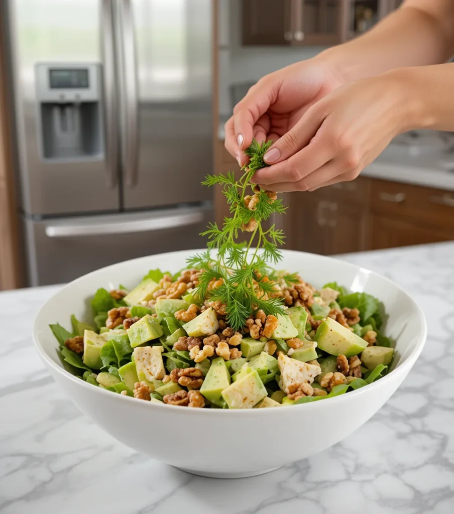 7 Delicious Avocado Chicken Waldorf Salad Hands folding toasted walnuts and fresh dill into dressed salad in a white bowl on marble countertop.