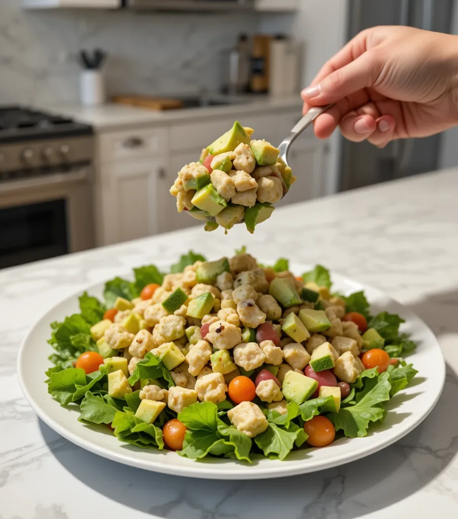 7 Delicious Avocado Chicken Waldorf Salad Hands placing Avocado Chicken Waldorf Salad onto a bed of mixed greens on a white plate in a modern kitchen