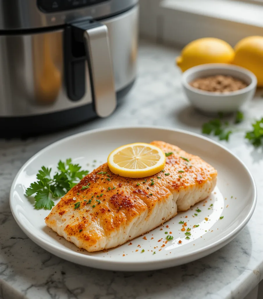7-Minute Air Fryer Tilapia Crispy & Healthy Golden-brown air fryer tilapia fillet with a crispy exterior, garnished with a lemon slice and fresh parsley, served on a white plate. A blurred air fryer and seasonings in the background emphasize this healthy, quick seafood dish