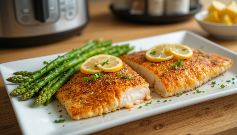 Crispy air fryer tilapia fillets with a golden-brown exterior, garnished with lemon slices and fresh parsley, served alongside steamed asparagus on a white plate. A healthy tilapia recipe prepared in just 7 minutes