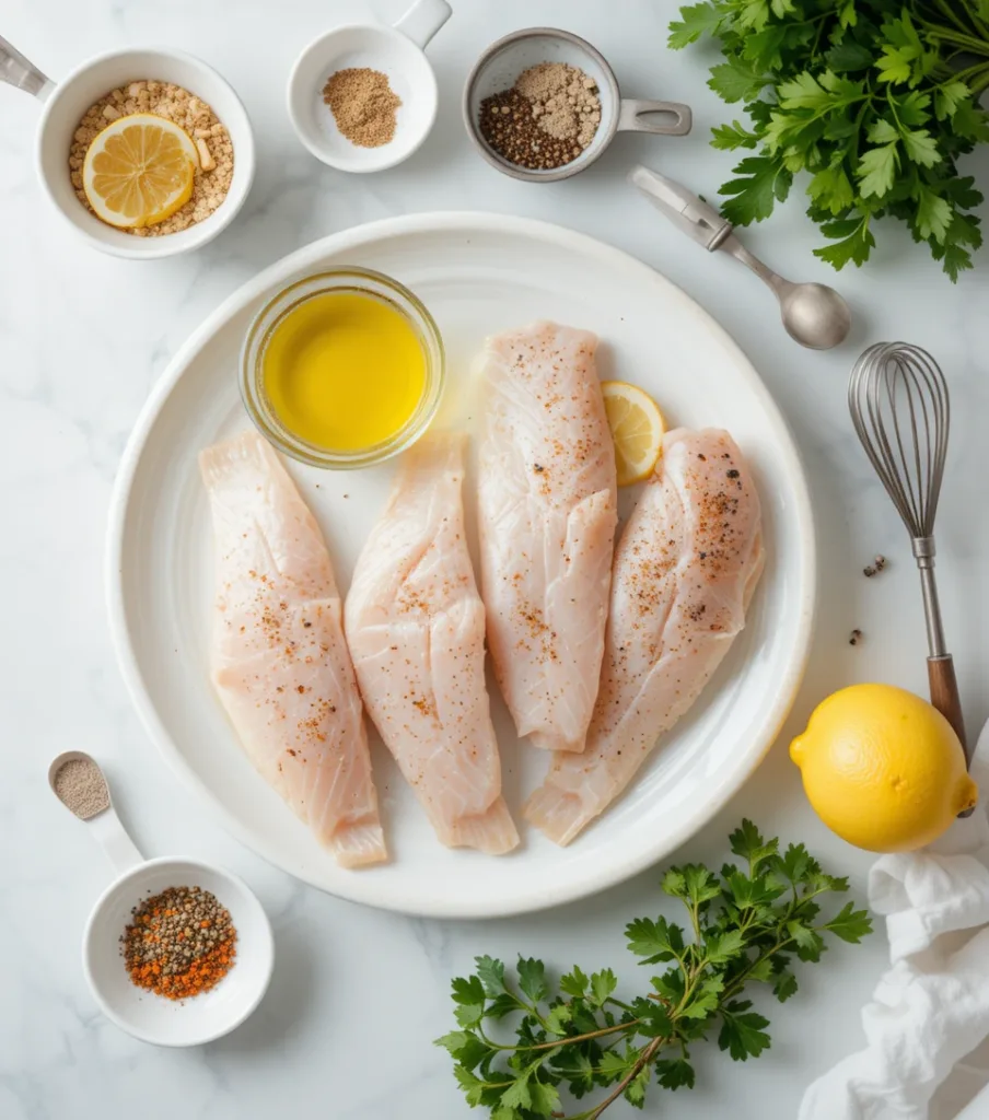 7-Minute Air Fryer Tilapia Crispy & Healthy Tilapia fillets, olive oil, seasonings, lemon, and parsley neatly arranged on a modern kitchen counter.