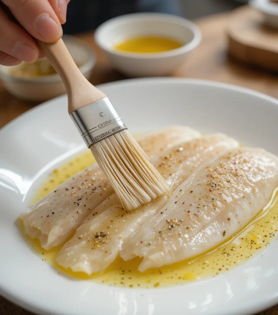 7-Minute Air Fryer Tilapia Crispy & Healthy A hand using a pastry brush to apply olive oil to tilapia fillets on a white plate.