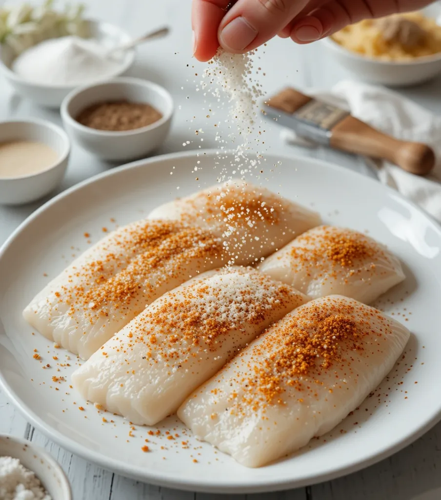 7-Minute Air Fryer Tilapia Crispy & Healthy spices over tilapia fillets on a white plate.