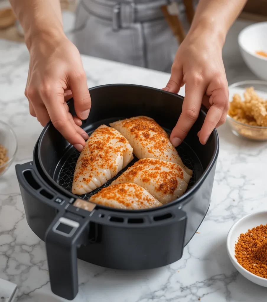 7-Minute Air Fryer Tilapia Crispy & Healthy Hands placing seasoned tilapia fillets into a preheated air fryer basket.
