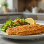 Chicken schnitzel served with side salad and lemon wedge