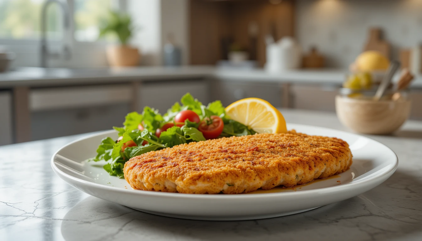 Chicken Schnitzel Chicken schnitzel served with side salad and lemon wedge