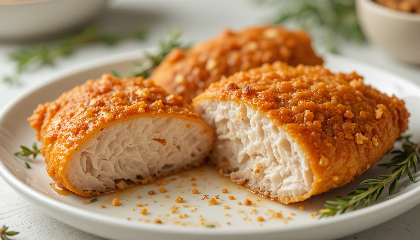 Air Fryer Chicken Breast: 15 Jaw-Dropping Sliced air fryer chicken breast with crispy golden-brown exterior, sprinkled with fresh herbs on white plate