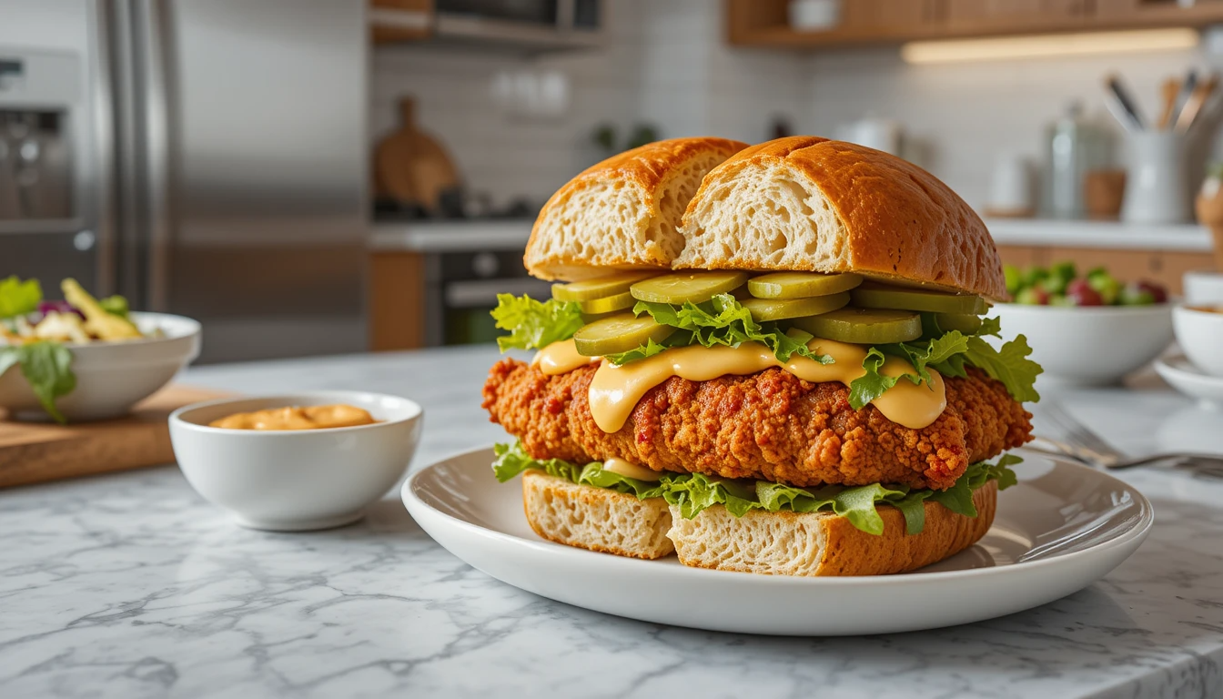 5 Unforgettable Spicy Chicken Sandwich Freshly made spicy chicken sandwich cut in half showing juicy chicken with crispy coating on brioche bun with lettuce and pickles
