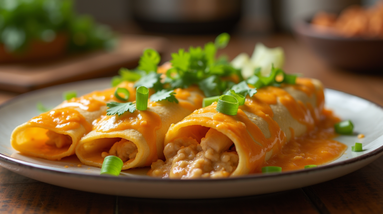 Homemade creamy chicken enchiladas topped with melted cheese and fresh herbs