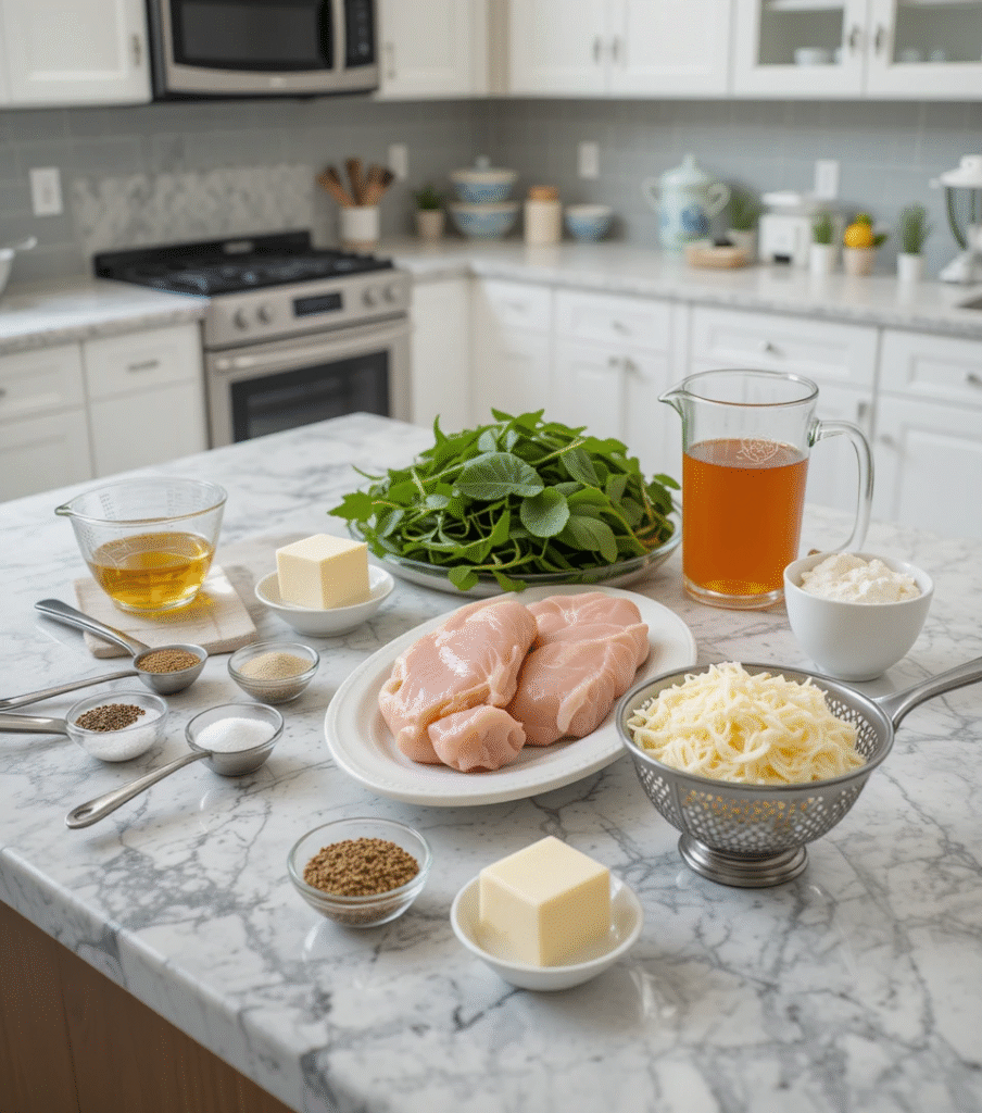 Chicken Florentine Casserole: 7 Incredible Secrets Complete set of fresh ingredients for Chicken Florentine Casserole including chicken breasts, spinach, cream, cheese, and seasonings