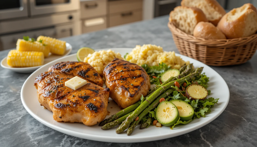 Grilled chicken quarters served with corn on the cob, potato salad, asparagus, and green avocado salad