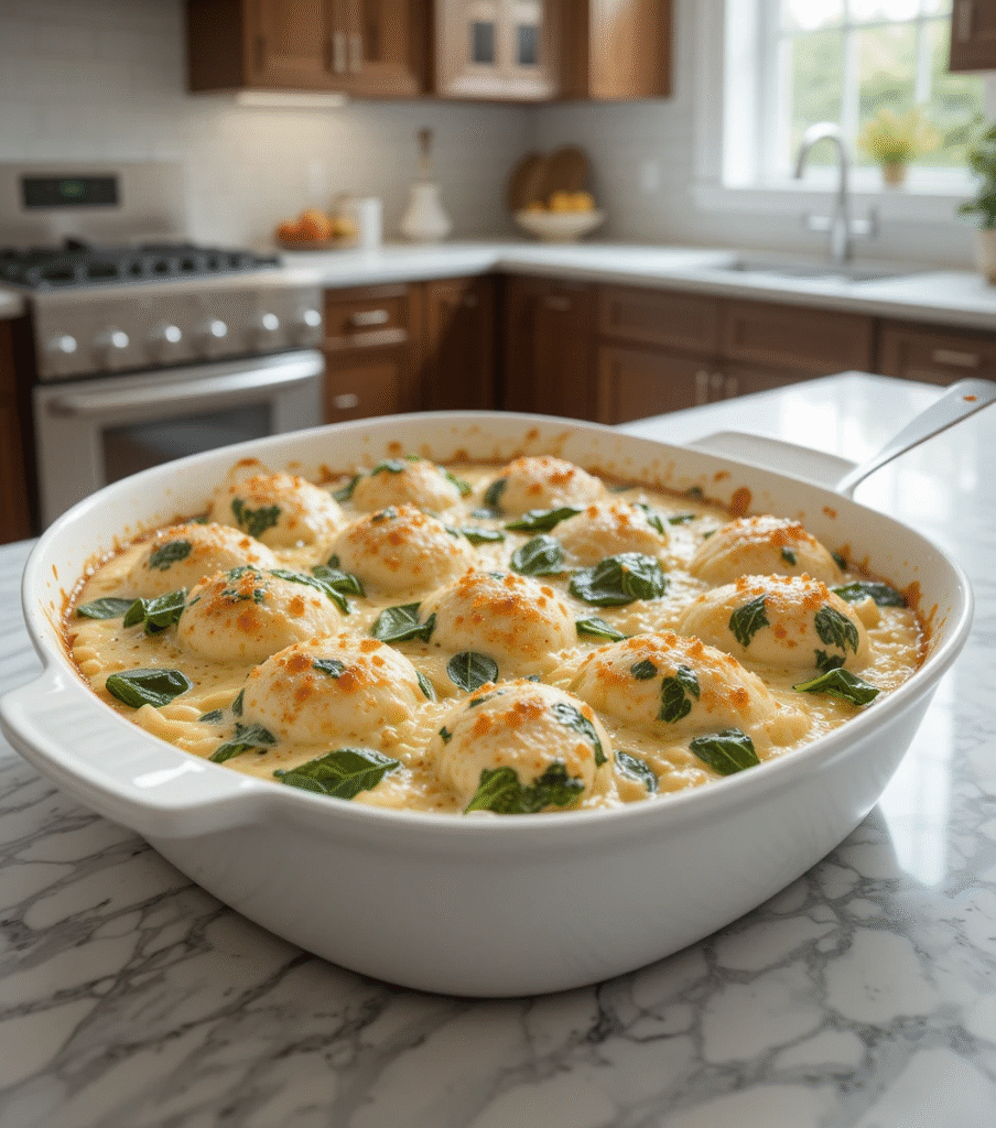 Chicken Florentine Casserole: 7 Incredible Secrets Freshly baked Chicken Florentine Casserole with tender chicken, creamy sauce, and vibrant spinach topped with melted cheese in a white ceramic dish