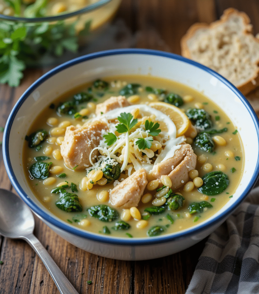 Chicken Florentine Soup: 7 Incredible Secrets Homemade Chicken Florentine Soup in a white ceramic bowl featuring tender chicken pieces, vibrant spinach, orzo pasta in a creamy broth topped with Parmesan cheese and fresh herbs.
