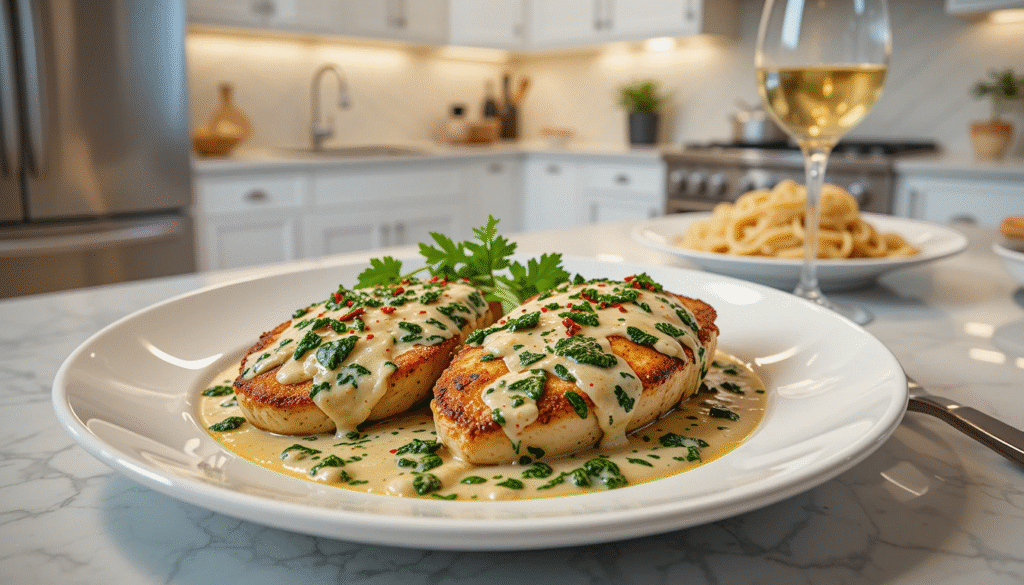 A white ceramic plate of Chicken Florentine with creamy spinach sauce, garnished with parsley and red pepper flakes, served on a light quartz countertop in a modern kitchen with white cabinets.