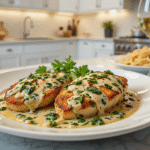 Chicken Florentine A white ceramic plate of Chicken Florentine with creamy spinach sauce, garnished with parsley and red pepper flakes, served on a light quartz countertop in a modern kitchen with white cabinets.