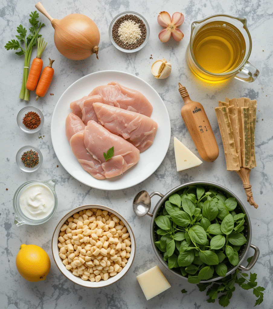 Chicken Florentine Soup: 7 Incredible Secrets Overhead view of fresh ingredients for Chicken Florentine Soup including chicken breast, vegetables, herbs, orzo pasta, spinach, cream, and Parmesan cheese arranged on a stone countertop