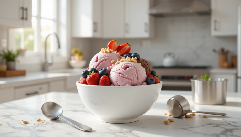 Healthy Ice Cream Recipe bowl with scoops of berry and chocolate healthy ice cream, garnished with strawberries, blueberries, and nuts