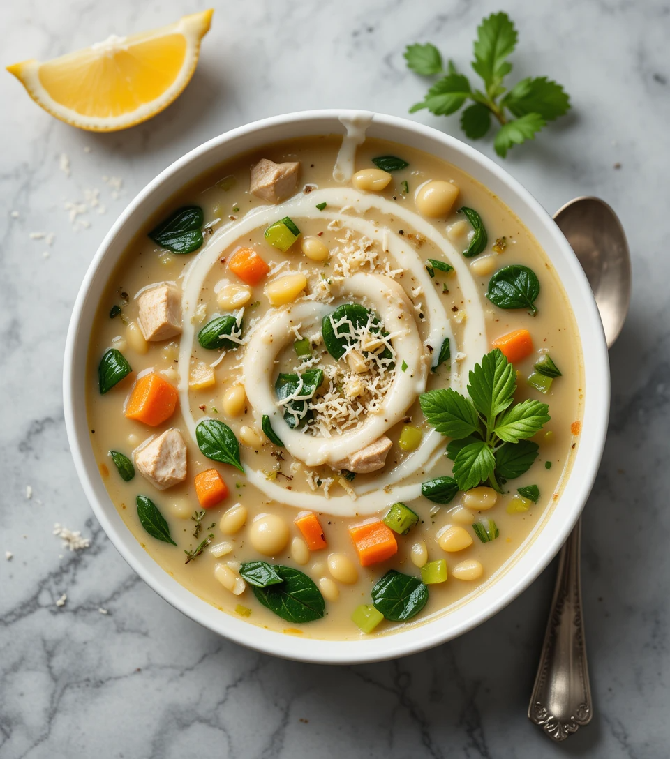 Chicken Florentine Soup: 7 Incredible Secrets A bowl of creamy Chicken Florentine Soup featuring tender chicken pieces, wilted spinach, orzo pasta, and colorful vegetables in a rich broth, garnished with Parmesan cheese and fresh herbs