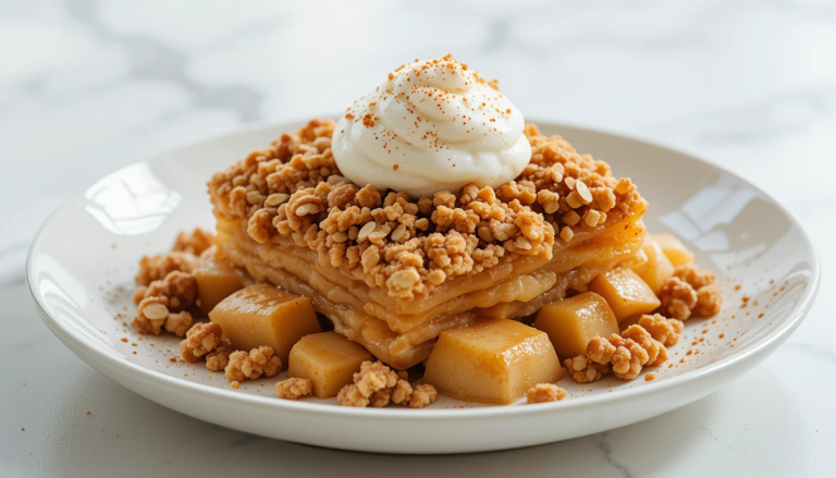 Freshly baked healthy apple crumble with oat walnut topping and spiced apples