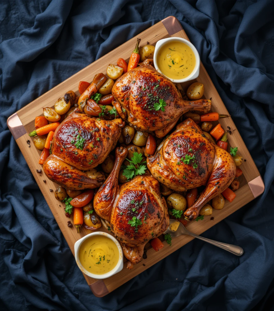 Golden-brown roasted chicken quarters recipe with herbs, served with vegetables and herb sauce on bamboo board
