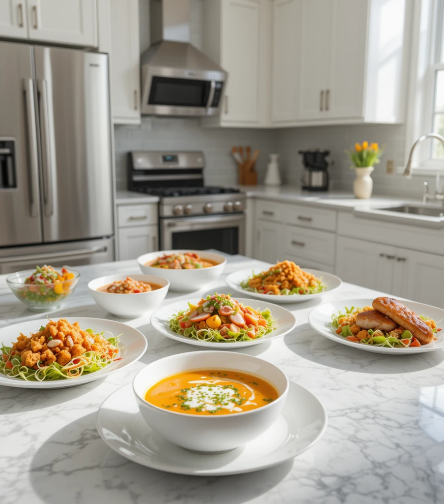 Three different base options for cold dinners: fresh leafy greens, chilled quinoa, and cold soba noodles arranged on a kitchen counter