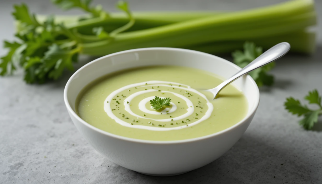 Creamy pale green celery soup in a white bowl garnished with fresh herbs and a swirl of cream