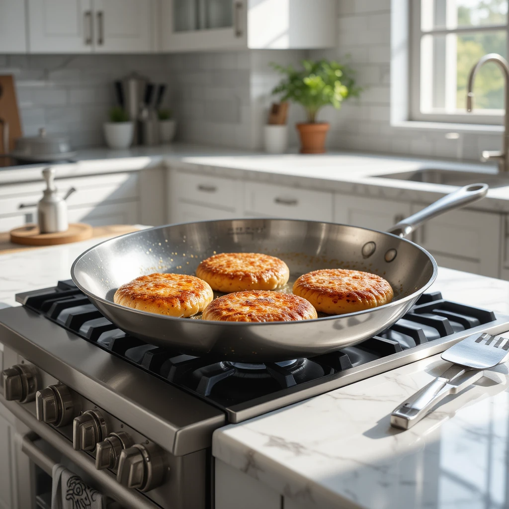 Easy Salmon Patties Recipe Golden-brownEasy Salmon Patties Recipe cooking in stainless steel skillet on modern marble kitchen counter, showing perfect crispy texture