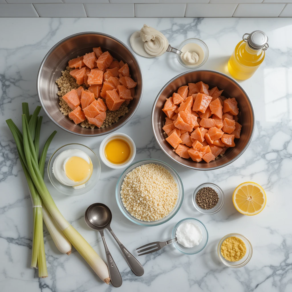 Easy Salmon Patties Recipe Easy Salmon Patties Recipe ingredients laid out on white marble counter including salmon, egg, breadcrumbs, mayonnaise, and fresh seasonings