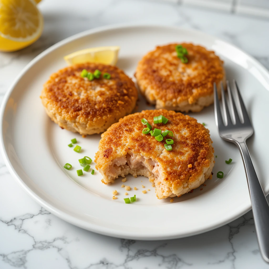 Easy Salmon Patties Recipe Three golden-brown Easy Salmon Patties Recipe with crispy crust plated on white dish with lemon wedges, showing finished Easy Salmon Patties Recipe
