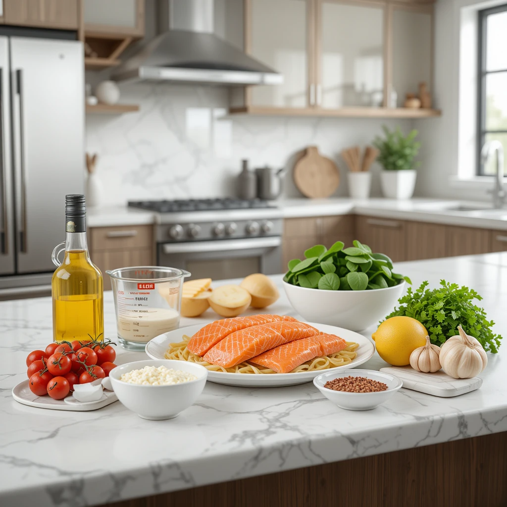 Salmon Pasta Recipe Fresh ingredients for salmon pasta recipe, including salmon, fettuccine, cherry tomatoes, spinach, and Parmesan