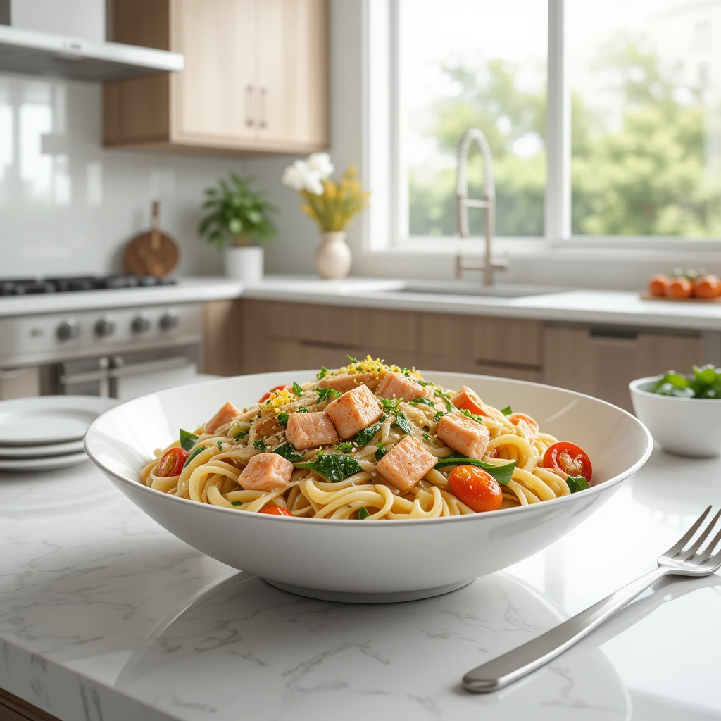 Salmon Pasta Recipe A white ceramic bowl of Salmon Pasta Recipe with fettuccine, flaked salmon, cherry tomatoes, spinach