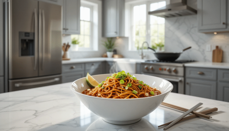 Bowl of glossy spicy noodles garnished with green onions and crushed peanuts in a white ceramic bowl