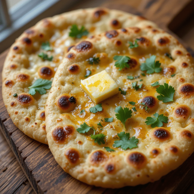 Freshly baked vegan naan bread with golden charred spots, vegan butter glaze and cilantro garnish on wooden board