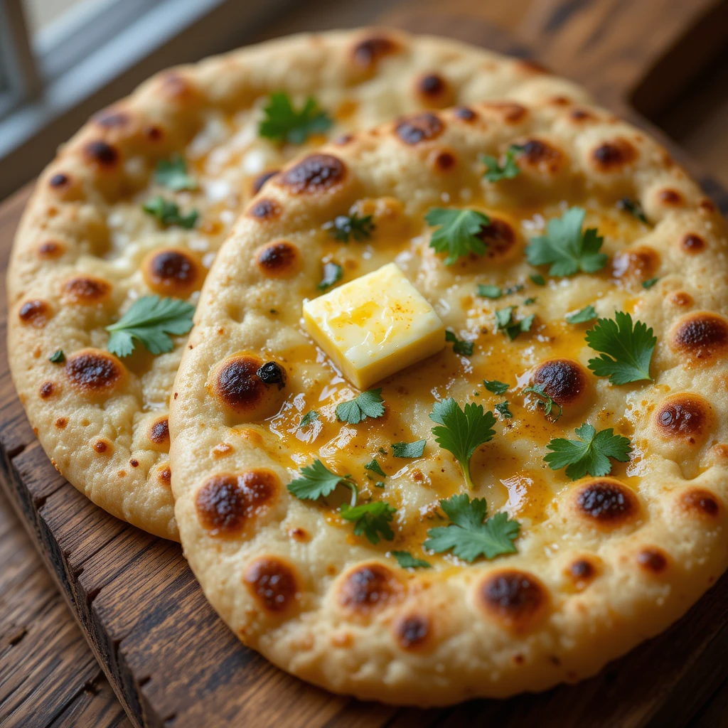 Freshly baked vegan naan bread with golden charred spots, vegan butter glaze and cilantro garnish on wooden board