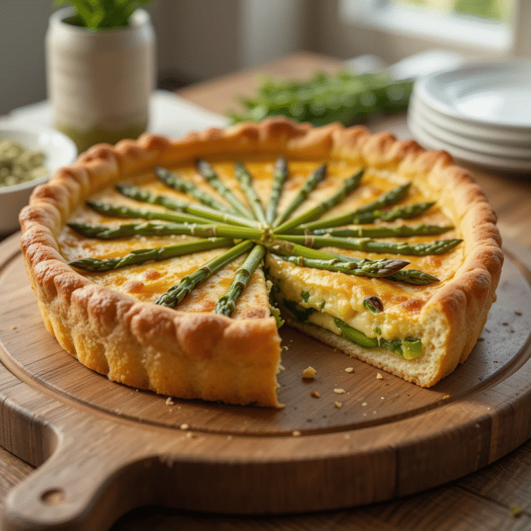 Golden asparagus quiche with flaky crust and creamy custard filling, sliced on wooden cutting board showing fresh green asparagus pieces