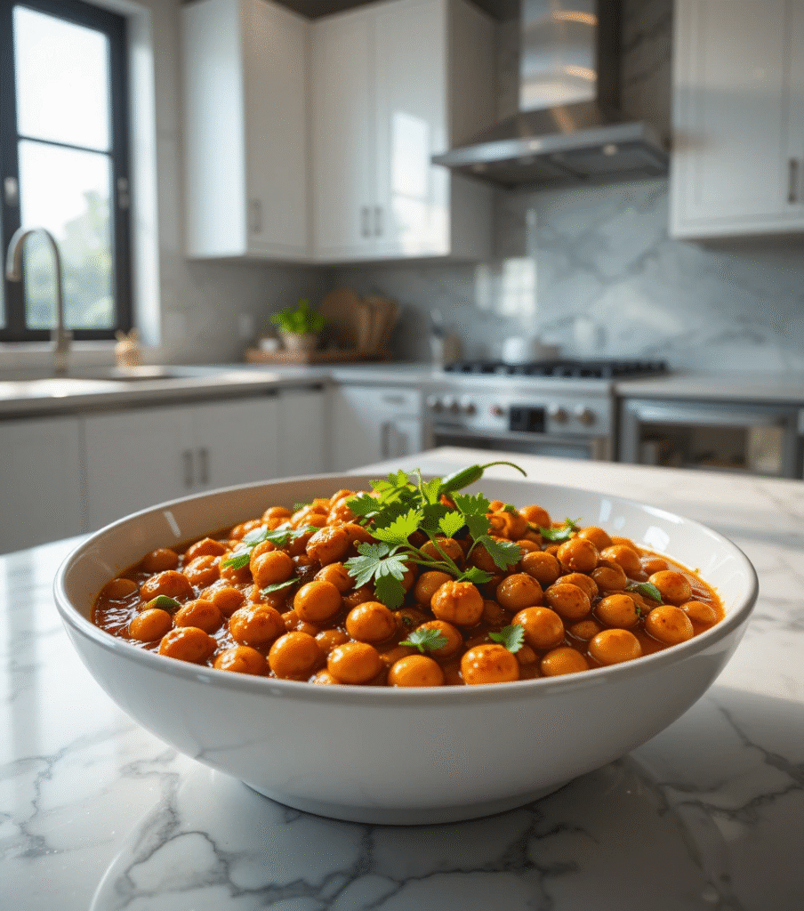 Chana Masala Bowl of homemade chana masala garnished with cilantro on white marble counter in modern kitchen
